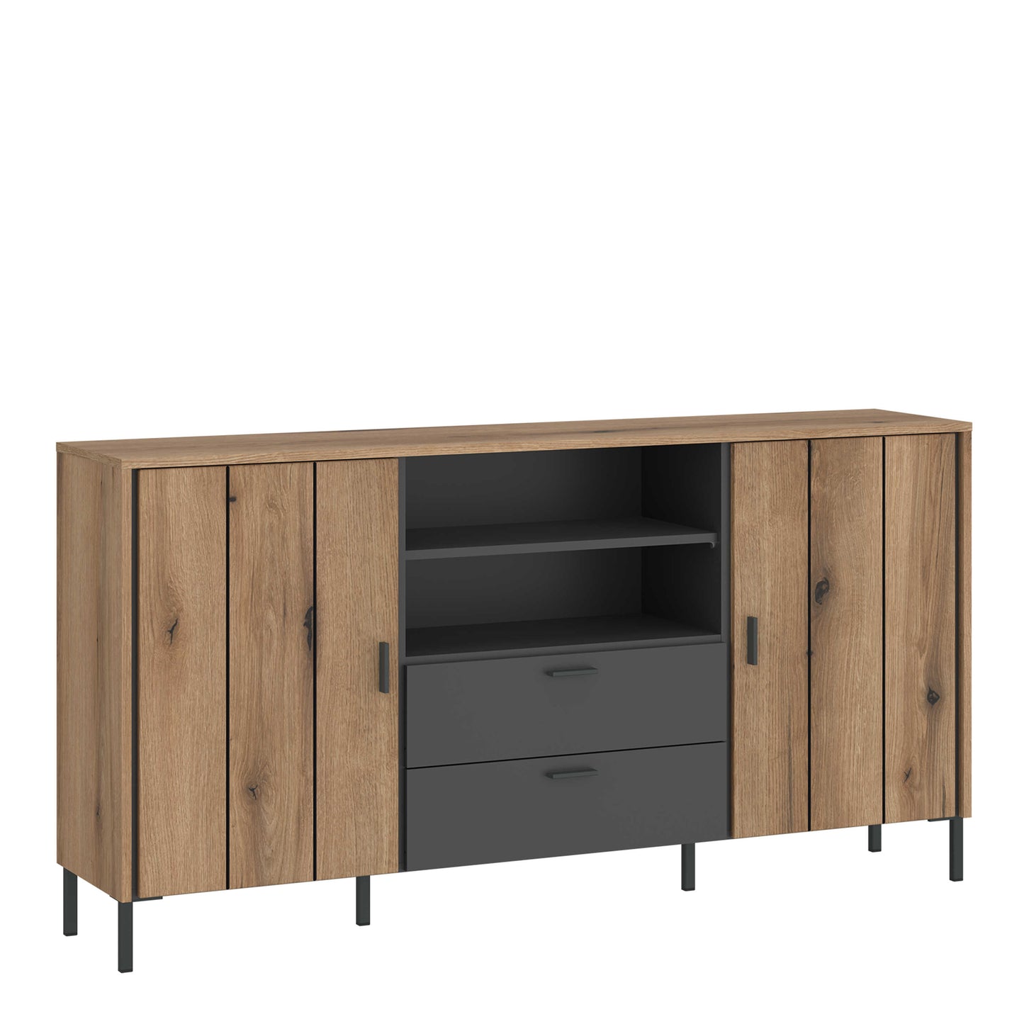 Nightbloom Grey and Oak Wood Effect Panelled Sideboard 2 Door 2 Drawer
