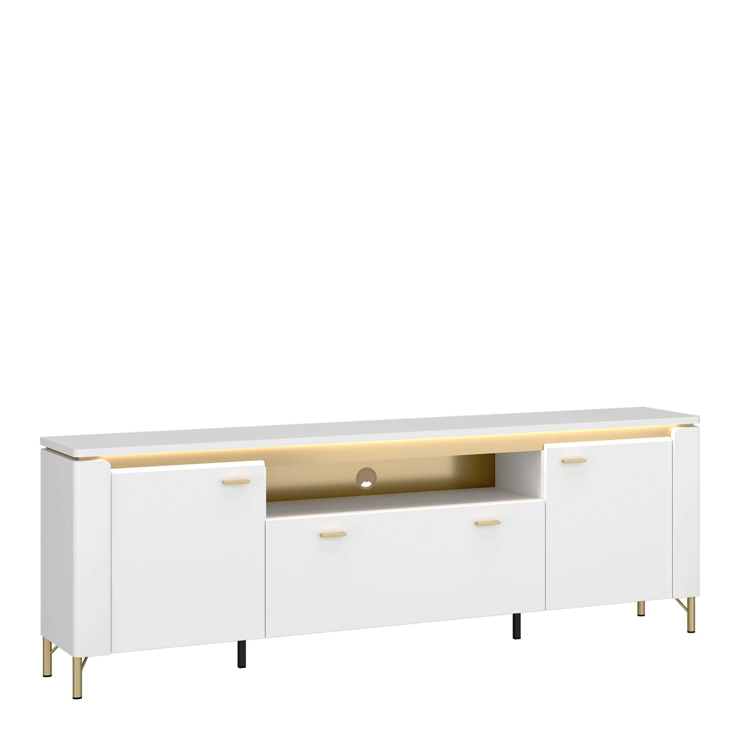 Maribo White TV Cabinet 2 Door 1 Drawer Gold Metal Legs