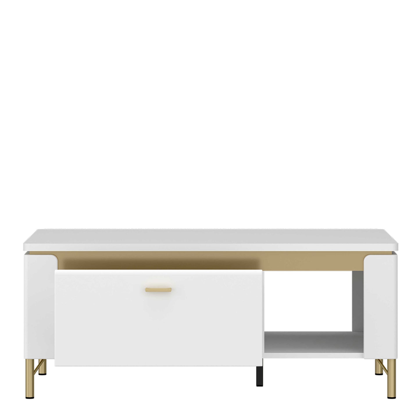 Maribo Matt White Coffee Table 1 Drawer Gold Metal Legs