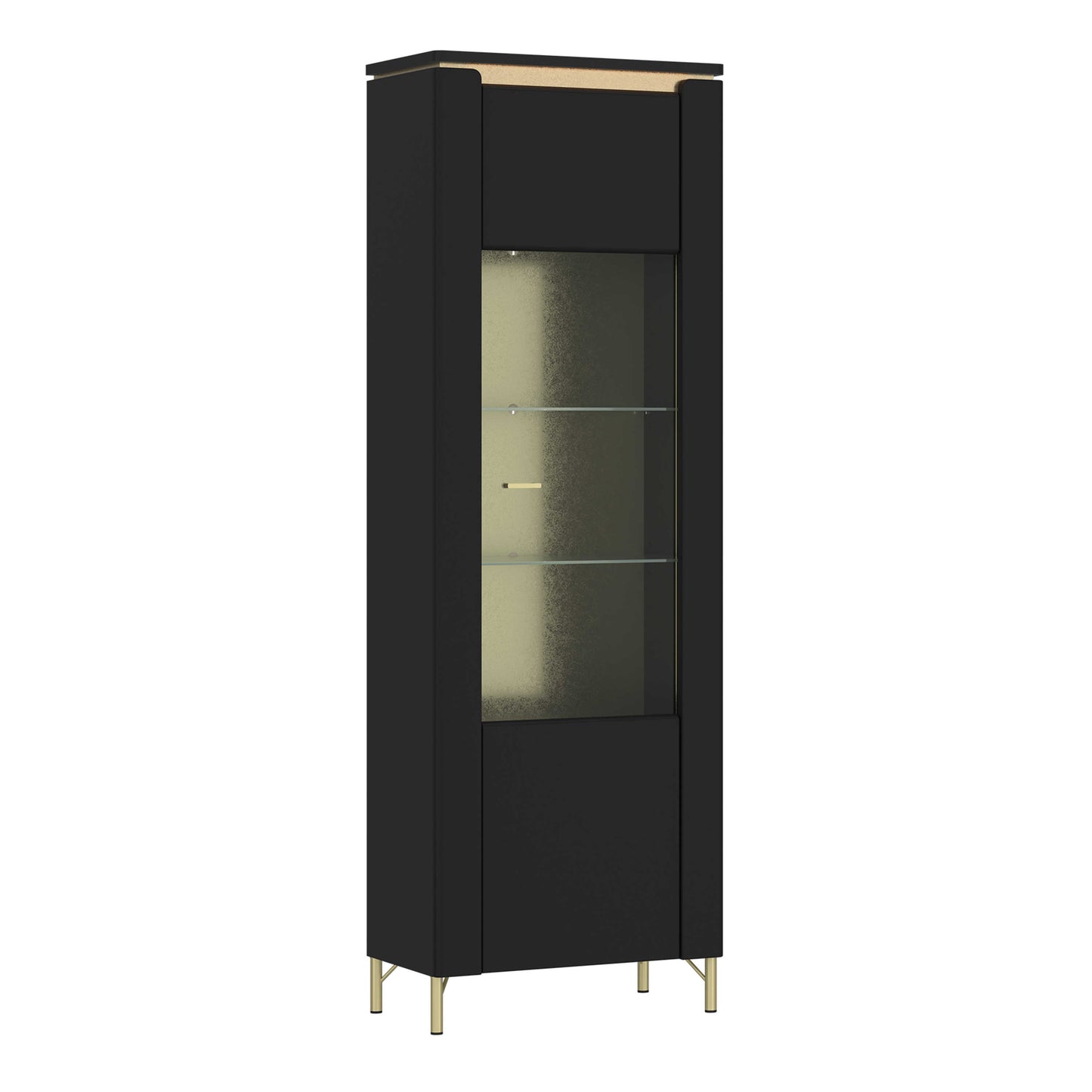 Marslet Narrow Black and Gold Display Vitrin Cabinet 1 Door with LED Lights