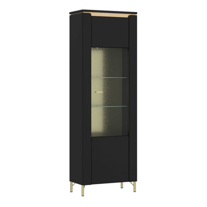 Marslet Narrow Black and Gold Display Vitrin Cabinet 1 Door with LED Lights