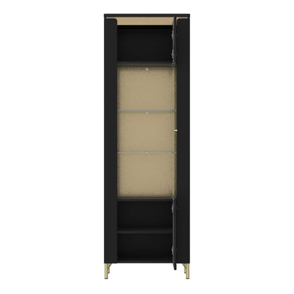 Marslet Narrow Black and Gold Display Vitrin Cabinet 1 Door with LED Lights