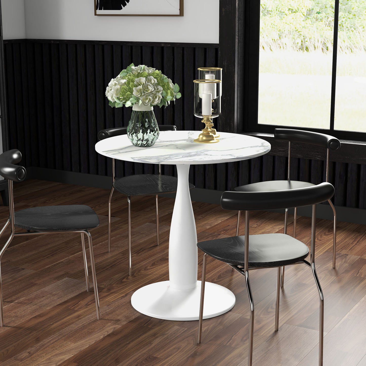 Falo 80cm Metal And Steel White And Grey Marble Effect Small Dining Table With Non Slip Feet For 2