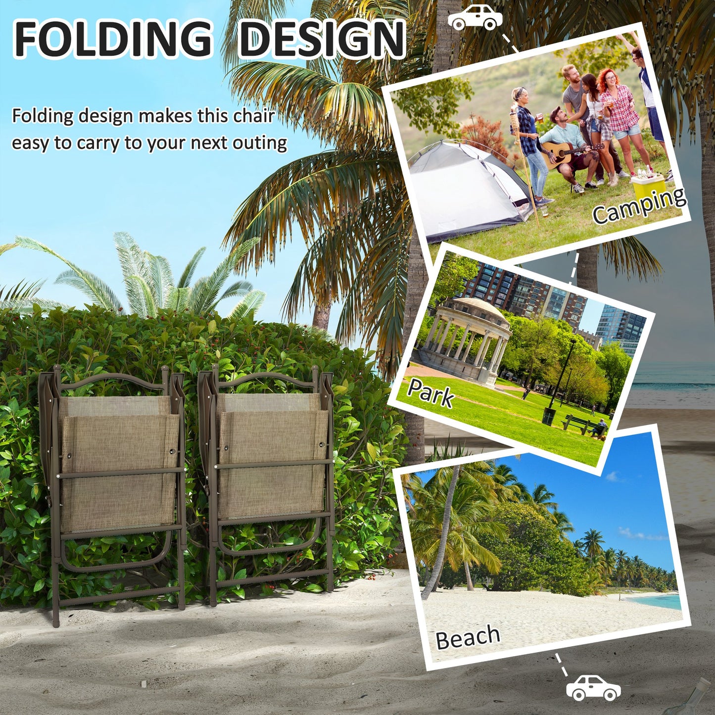 Hazivi Set Of 2 Cream Mesh and Brown Metal Folding Garden Chairs