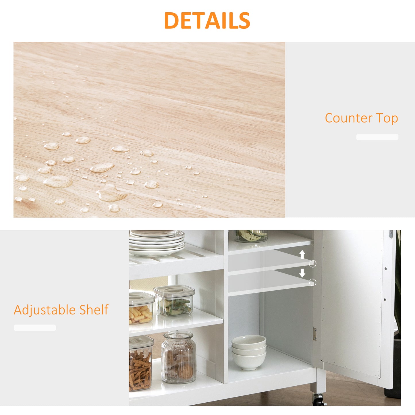 Cottalo Wooden White Rolling Kitchen Trolley With Embossed Door Panels And 3 Storage Shelves