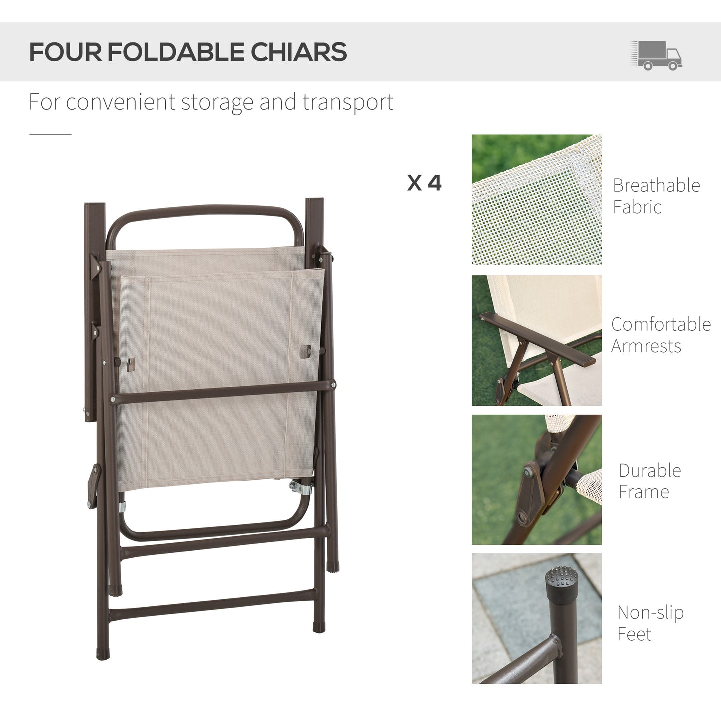Jattare 4 Seater Metal and Mesh Cream Garden Dining Set With Parasol Folding Chairs And Glass Table