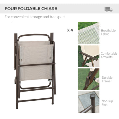 Jattare 4 Seater Metal and Mesh Cream Garden Dining Set With Parasol Folding Chairs And Glass Table