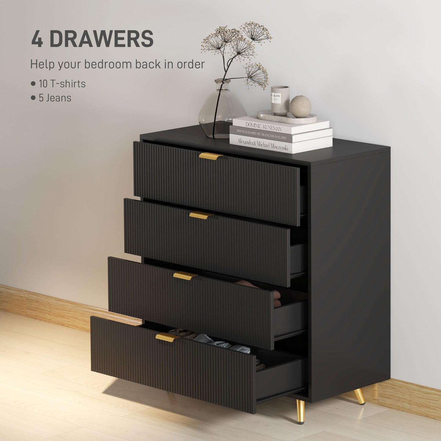 Disu Wooden Black Elegant 4 Drawer Bedside Storage Table