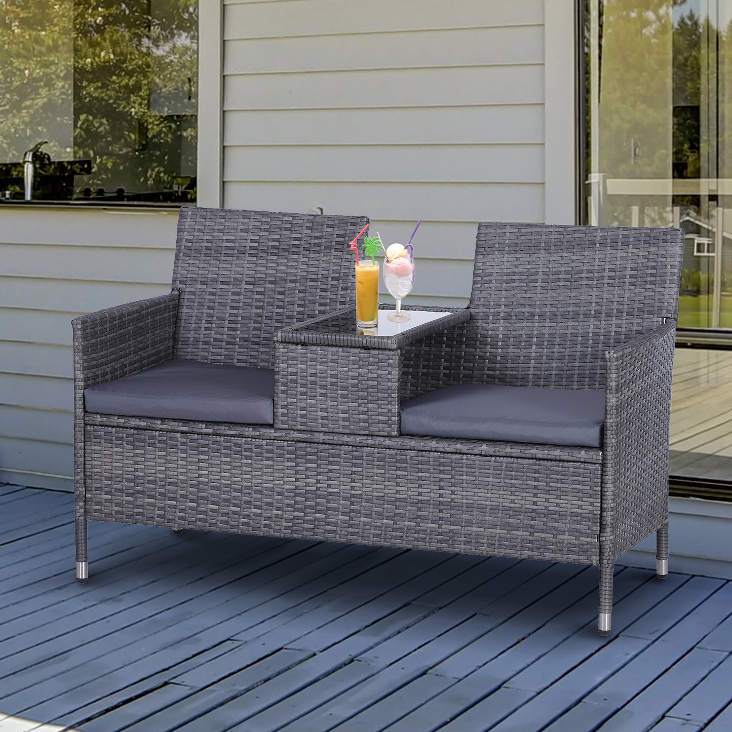 Tapata Rattan Grey 2 Seater Outdoor Garden Bench With Central Table