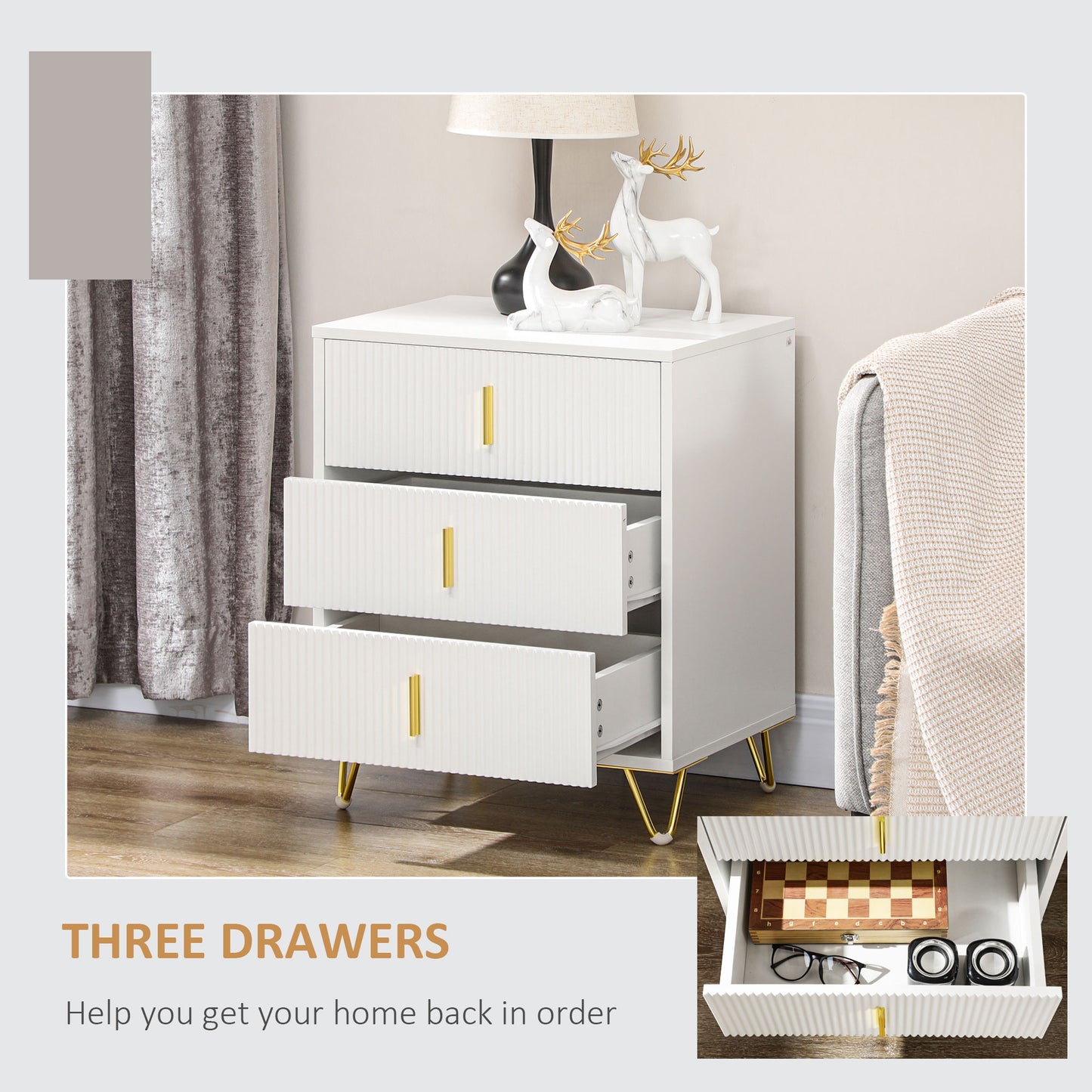 Tempette Wood White And Gold Tone Elegant 3 Ribbed Drawer Storage Chest