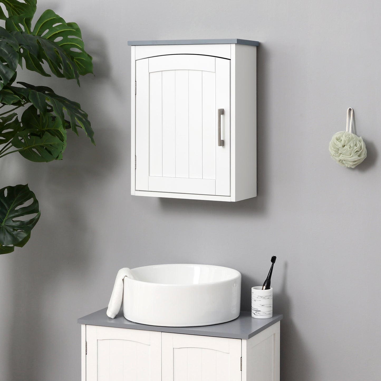 Miel Wall Mounted Bathroom Storage Cabinet With Arched Door And Adjustable Shelving Light Grey And White