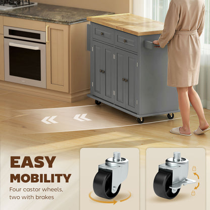 Lenevi Wooden Grey and Natural Rolling Kitchen Island With Drawers And Storage