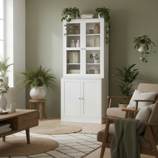 Mola Colu Wood And Glass White Display Bookcase With Adjustable Shelves And Glass Doors