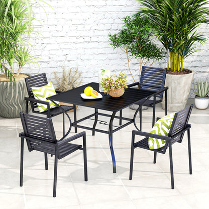 Hareni Steel Black Outdoor Garden Table With Slatted Top And Parasol Hole