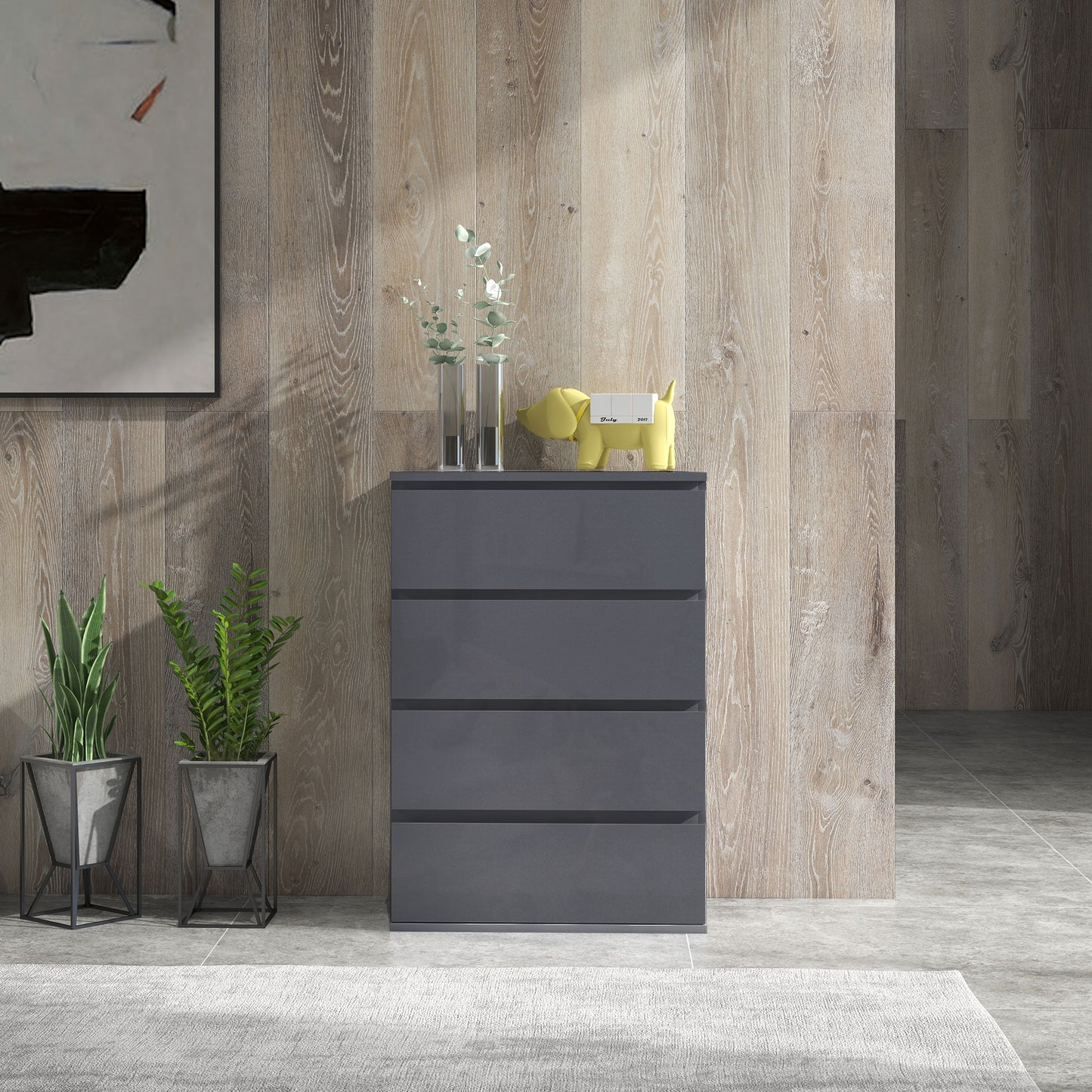 Valo Leha High Gloss Grey 4 Drawer Chest Of Drawers With Modern Storage Design