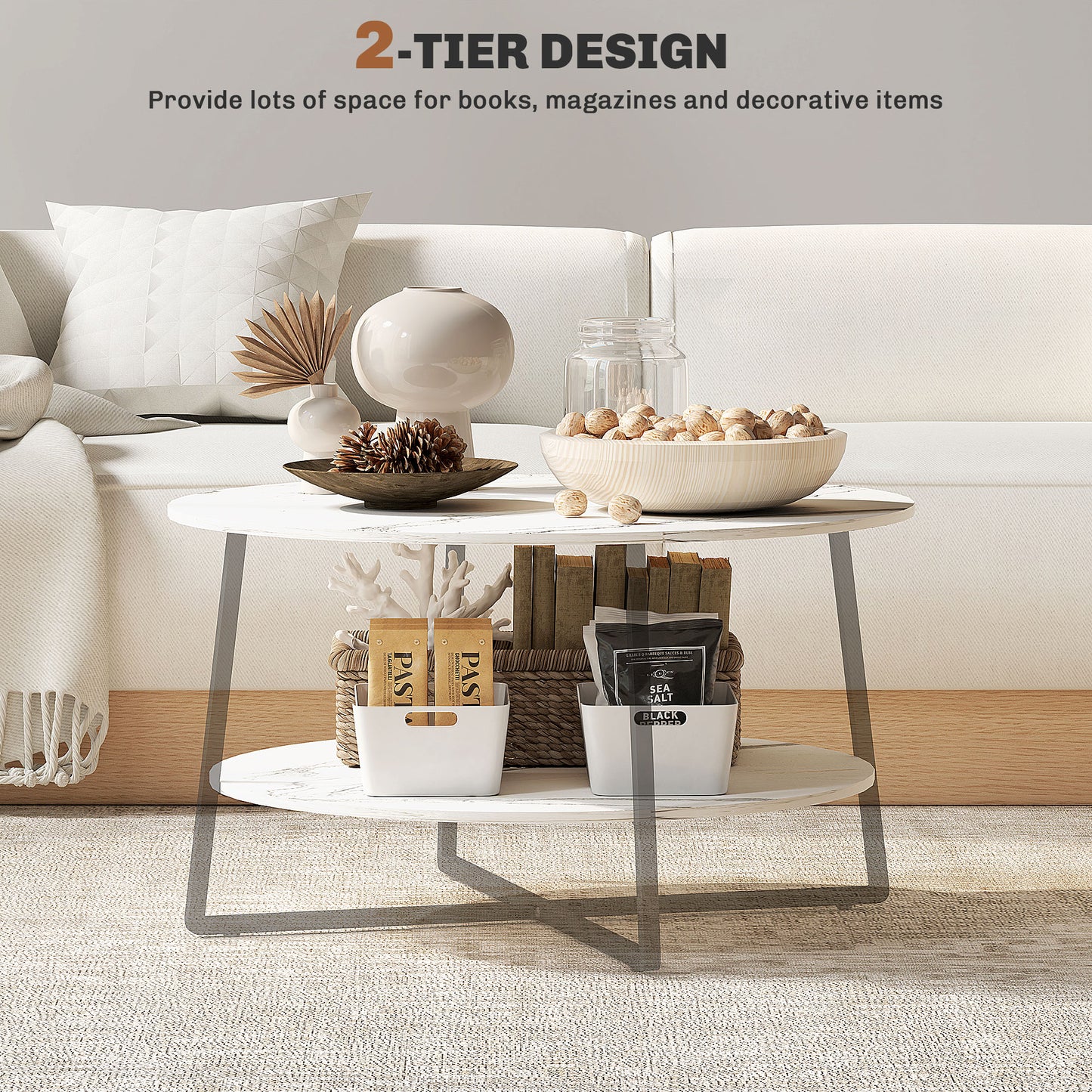 Masoso Wooden White And Black 2 Tier Marble Effect Coffee Table