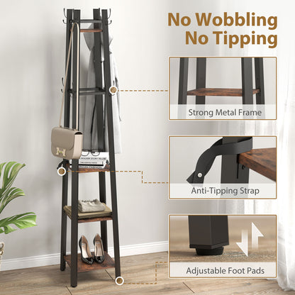 Kareva Metal And Wood Brown And Black 4 Tier Industrial Coat Stand With Shelves