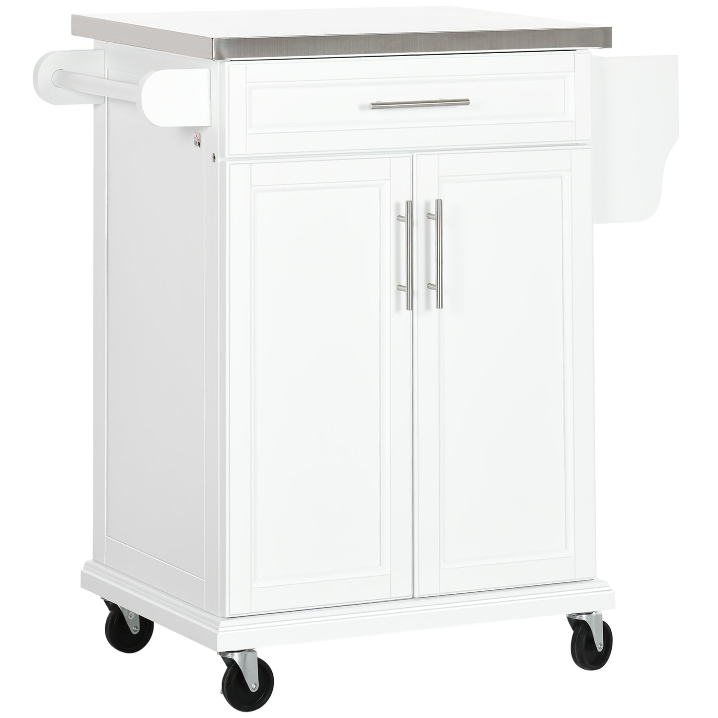 Nenapa Wooden White Kitchen Island On Wheels With Stainless Steel Top Drawer And Side Rack