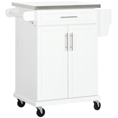 Nenapa Wooden White Kitchen Island On Wheels With Stainless Steel Top Drawer And Side Rack