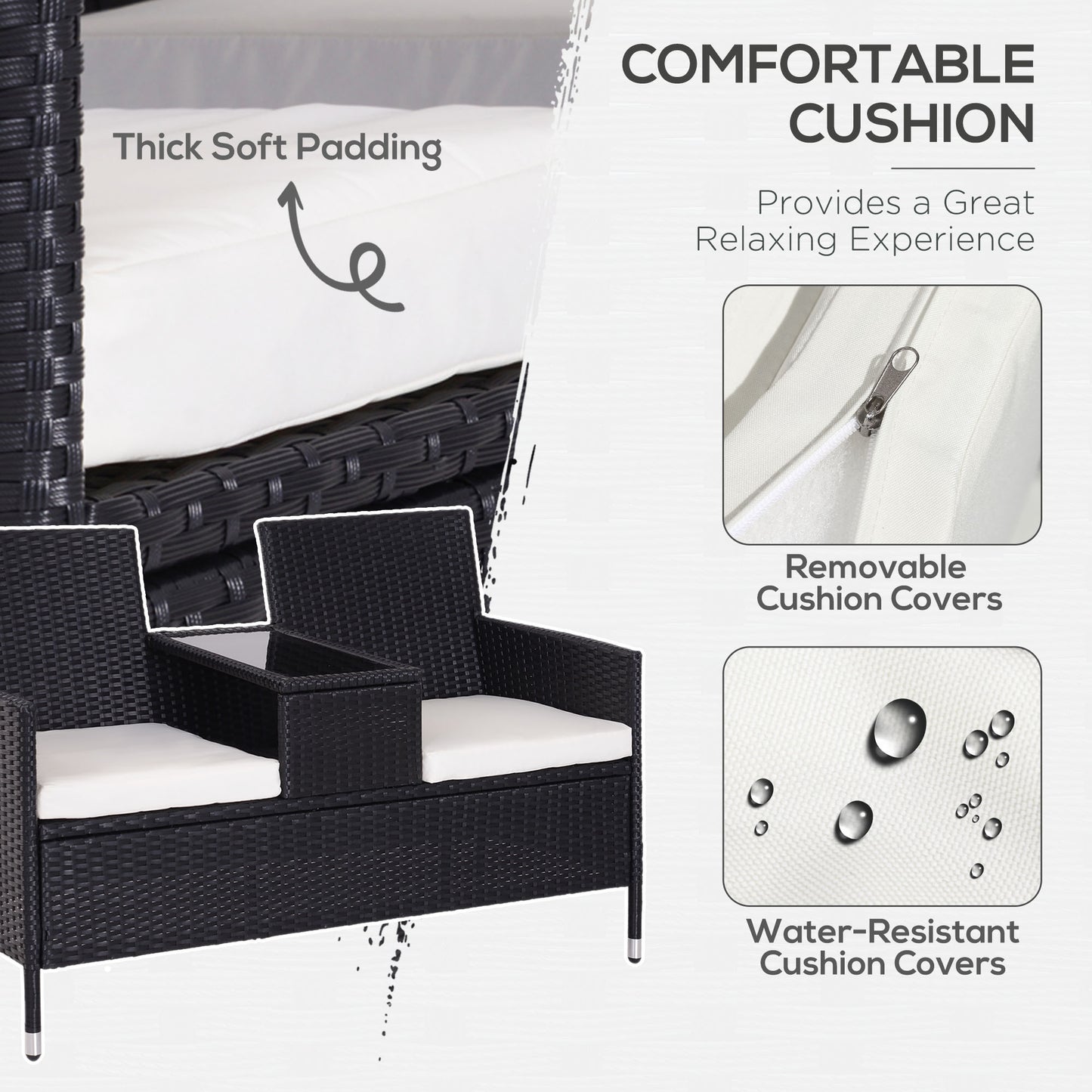 Nole Rattan Black 2 Seater Chair Set With Central Tea Table