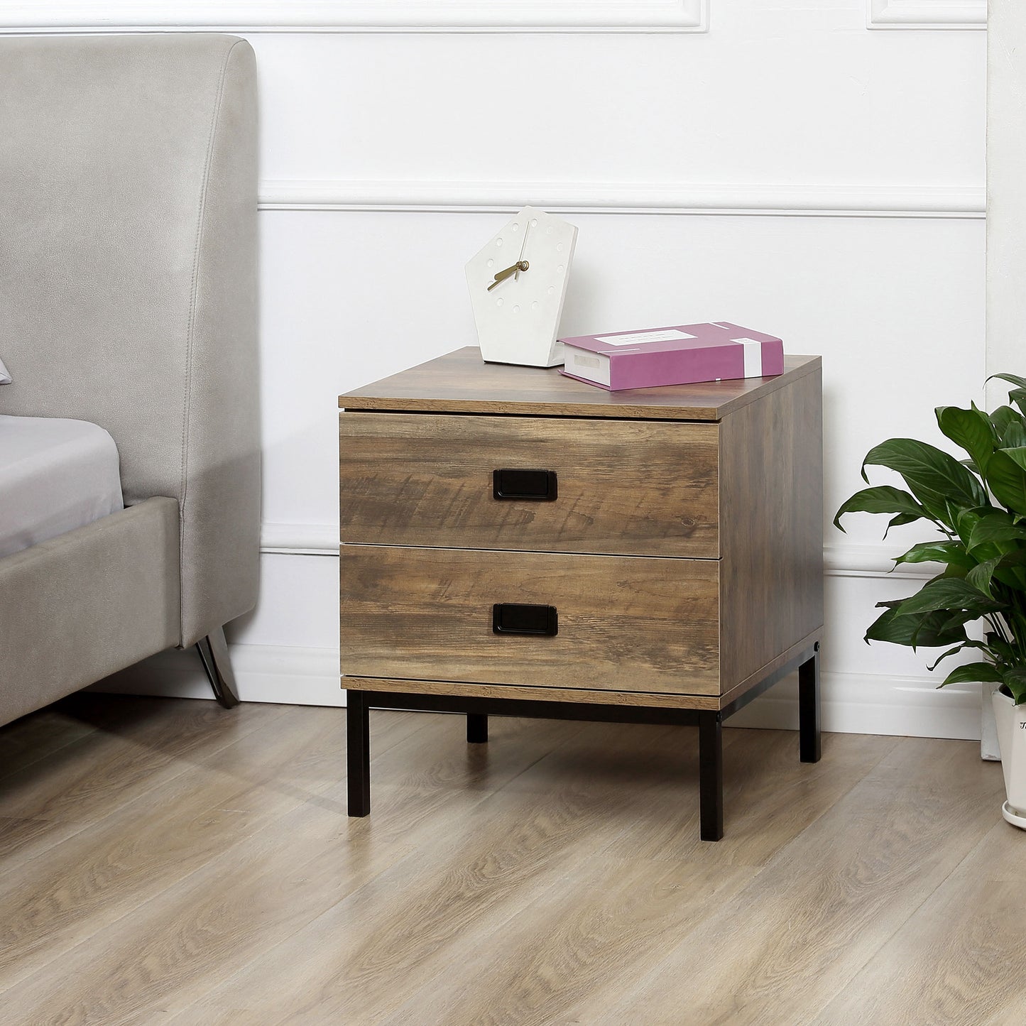 Virado Coffee Brown Retro Bedside Table With 2 Drawers And Black Metal Legs