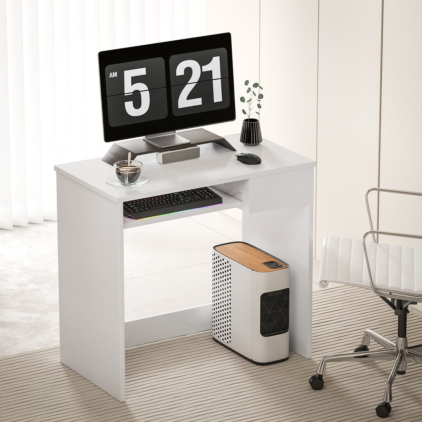 Samoka Small 80cm Wooden White Compact Desk With Keyboard Tray And Drawer