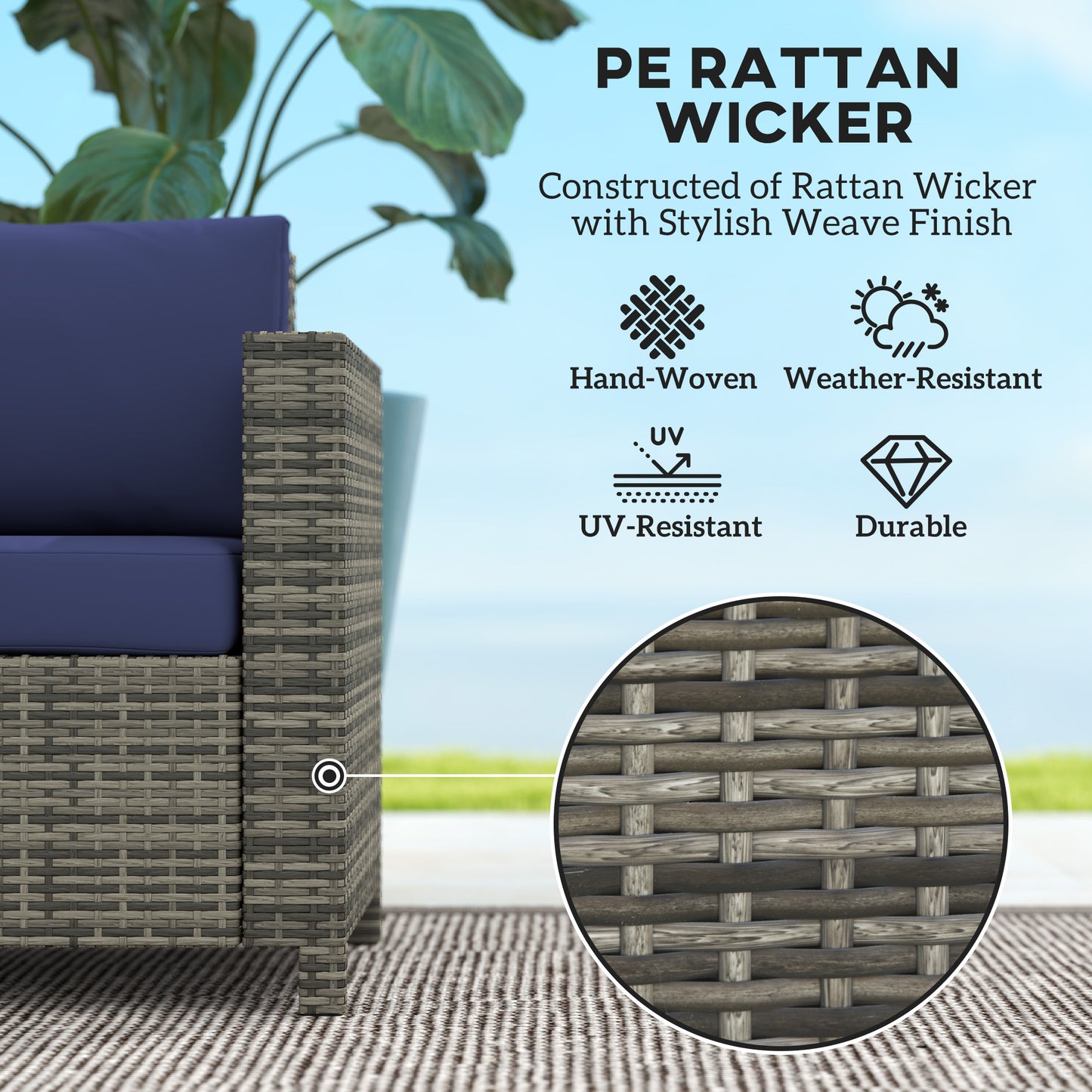 Vata Rattan Navy Blue 2 Seater Outdoor Sofa with Armrests