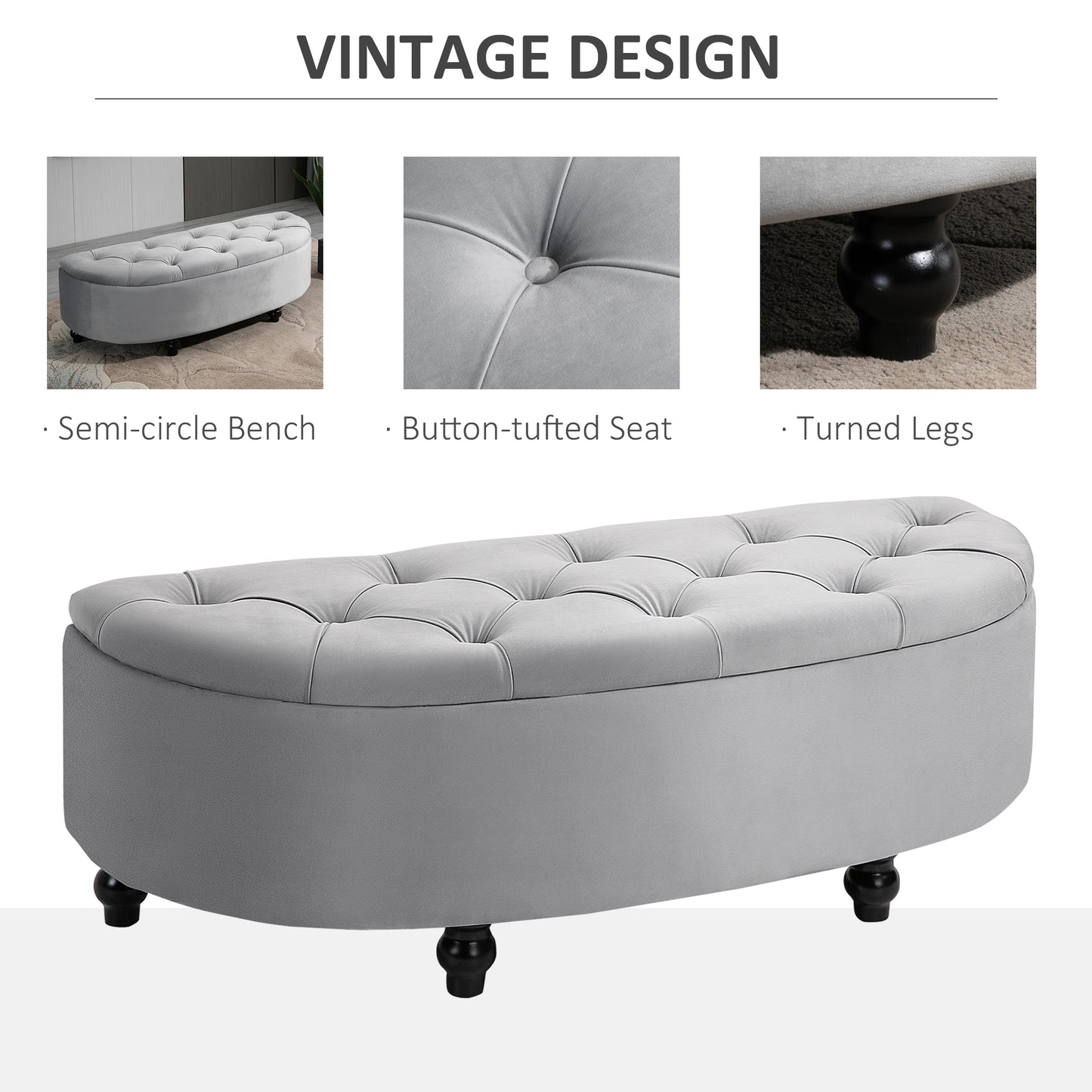 Kare Fabric Light Grey Semi Circle Storage Ottoman Bench Diamond Tufted