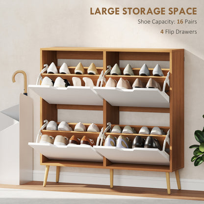 Margarita Wooden Natural  and White Shoe Cabinet With 4 Flip Drawers For 8 To 16 Pairs