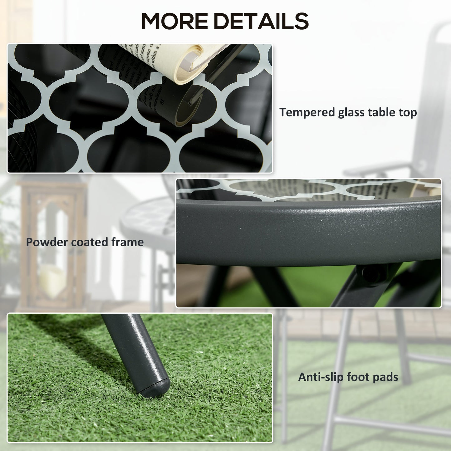 Mikale Metal And Glass Black And White Folding Outdoor Side Table 45cm With Marble Effect Top
