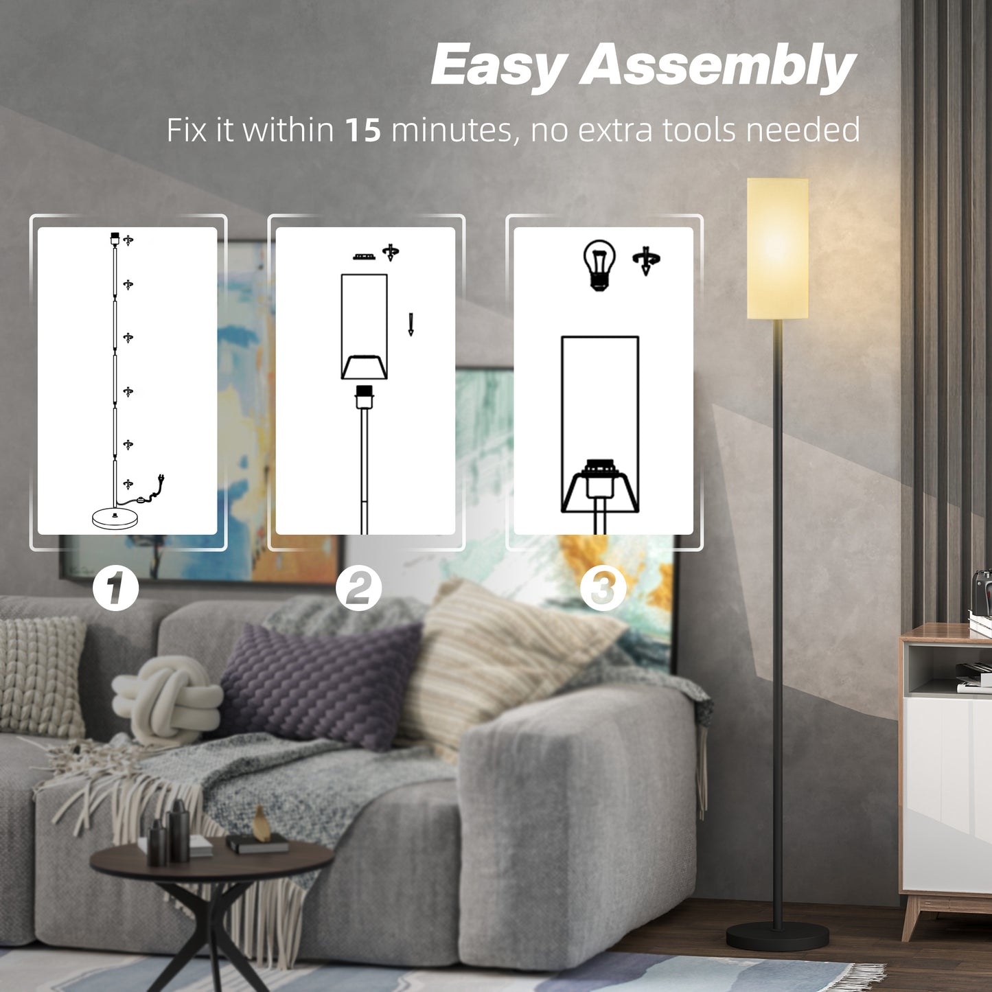 Pavi  Metal And Fabric White Minimalist Floor Lamp With Linen Shade And Foot Switch