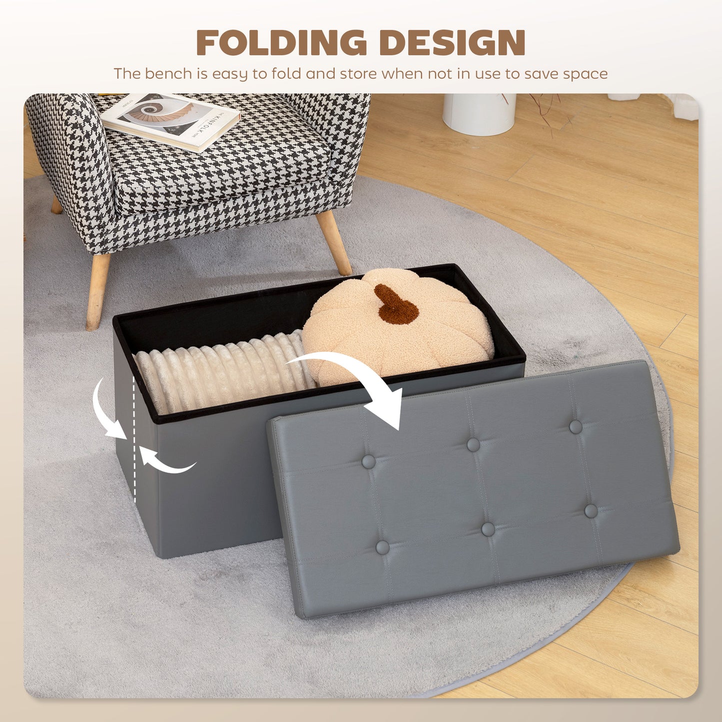 Nevi Faux Leather Grey Folding Storage Ottoman Bench 89 Litre