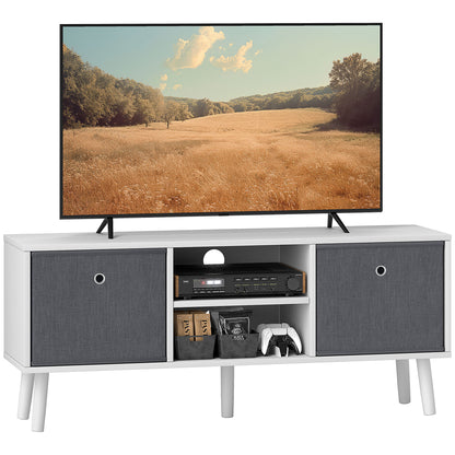 Nirona 110cm Wooden White TV Storage Cabinet With Grey Fabric Fold Down Drawers For Screens Up To 50 Inches