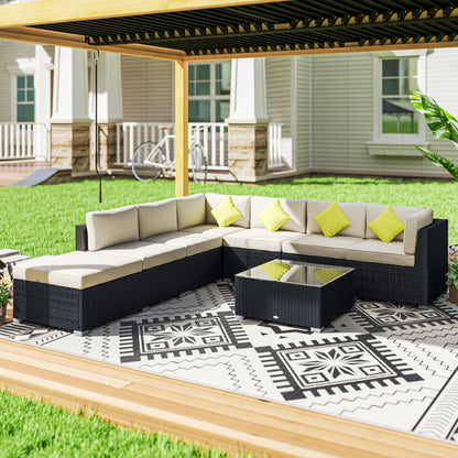 Yomo 6 Seater Faux Rattan Black Outdoor Corner Sofa Set With d Glass Coffee Table