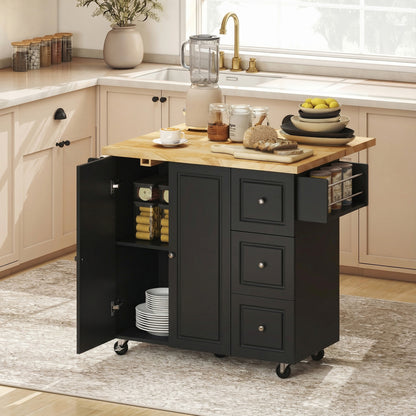 Rolelo Wooden Black Rolling Kitchen Island With Drop Leaf Drawer Towel And Spice Racks