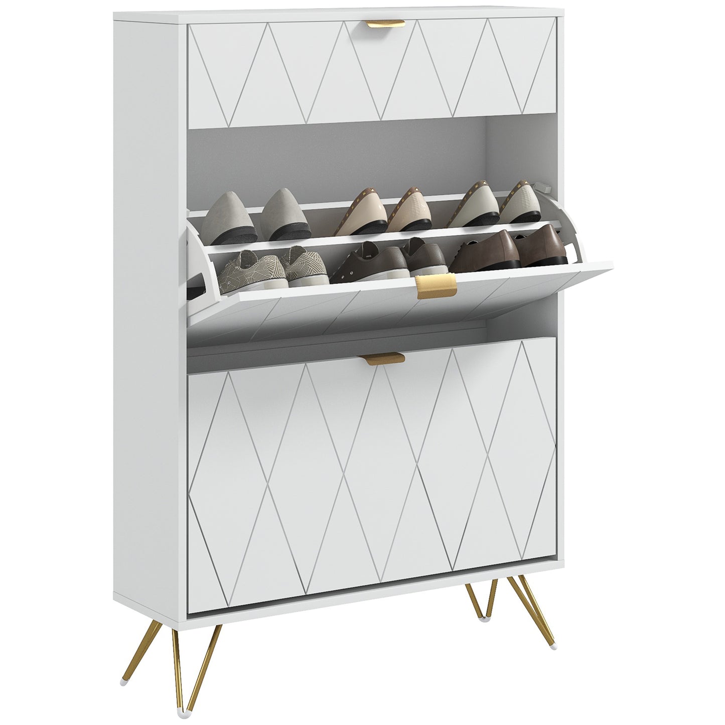 Molari Doha Wooden White Narrow Shoe Cabinet With 2 Flip Drawers