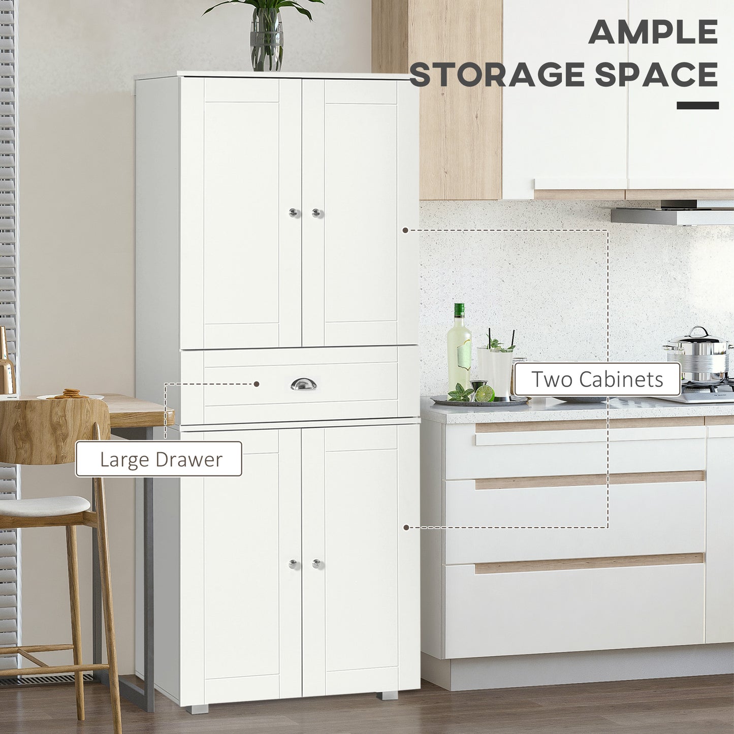 Soco Wooden White Tall Freestanding Kitchen Pantry Cabinet Adjustable Shelves And Drawers 184 cm