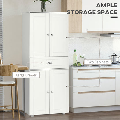 Soco Wooden White Tall Freestanding Kitchen Pantry Cabinet Adjustable Shelves And Drawers 184 cm