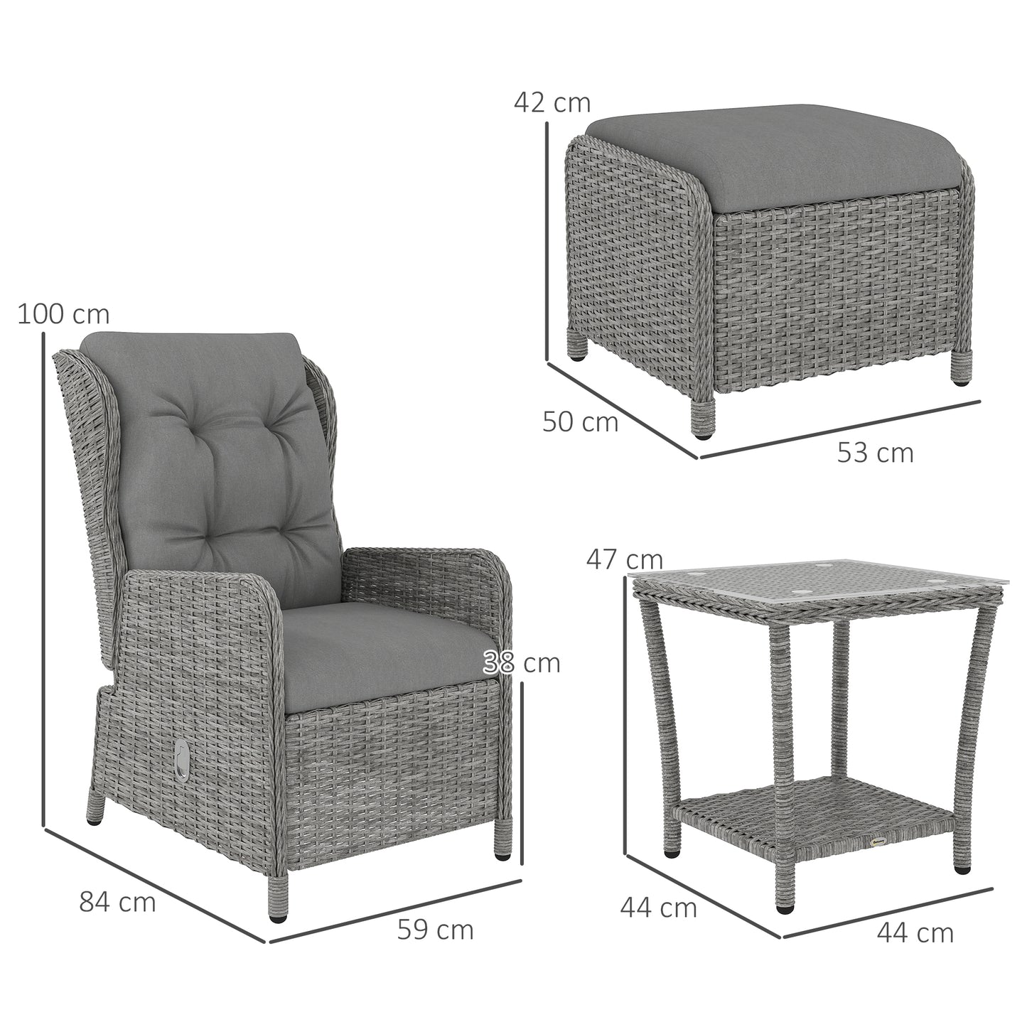 Kenolo Rattan Light Grey 5 Piece Reclining Bistro Furniture Set with Tufted Cushions Glass Top Table and Footstools