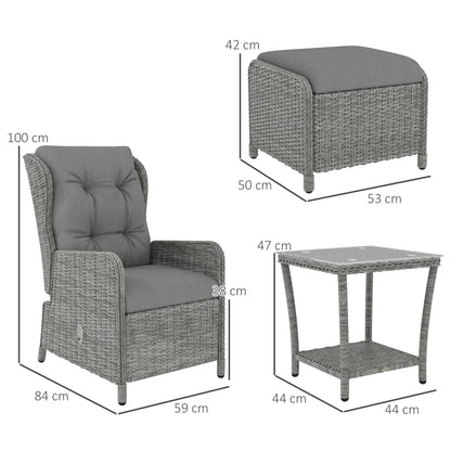 Kenolo Rattan Light Grey 5 Piece Reclining Bistro Furniture Set with Tufted Cushions Glass Top Table and Footstools