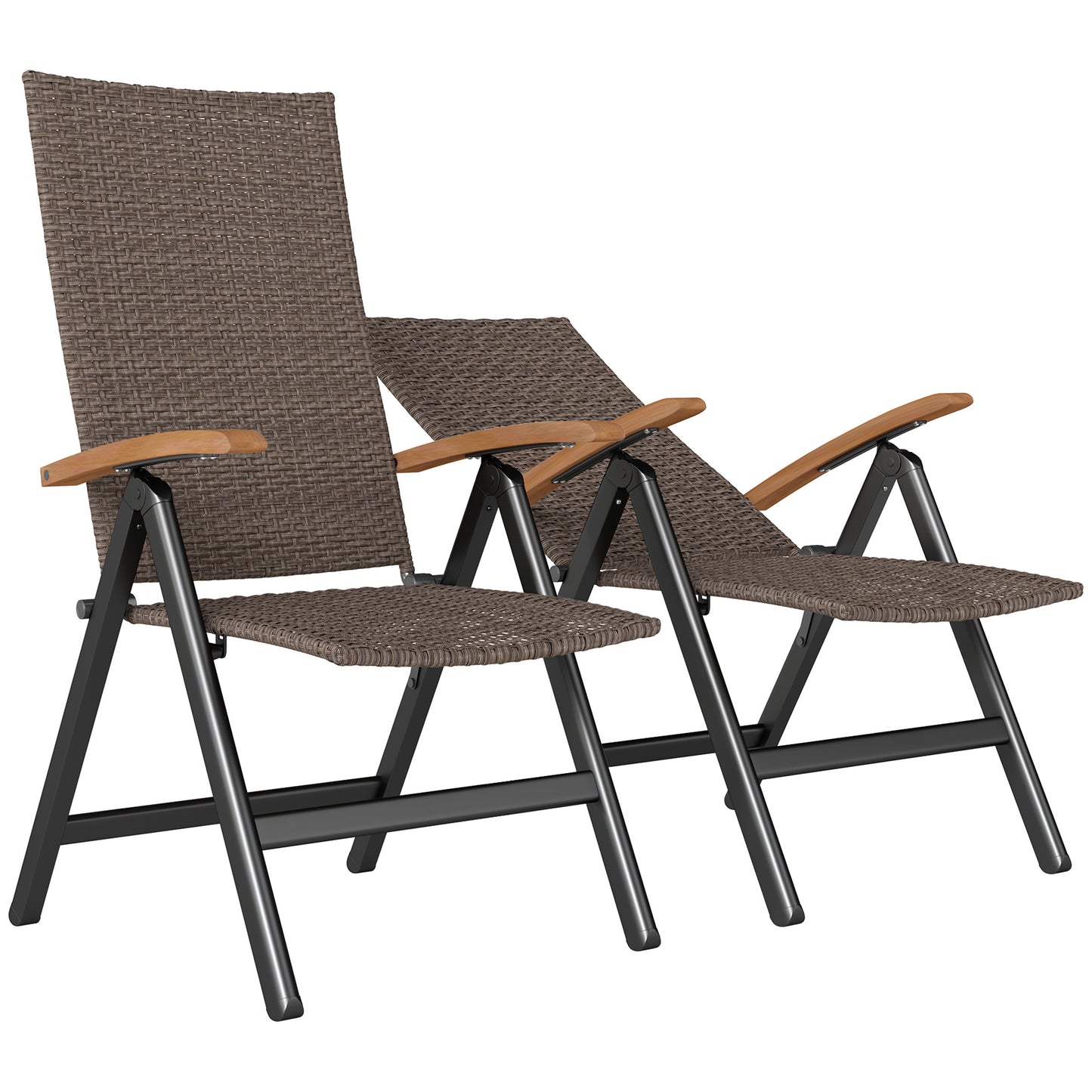 Nabaha Veel Rattan Brown Folding Garden Dining Chairs Set Of 2 With 5 Position Recline And Wood Armrests