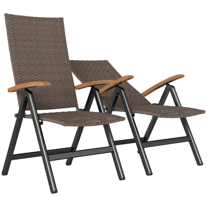 Nabaha Veel Rattan Brown Folding Garden Dining Chairs Set Of 2 With 5 Position Recline And Wood Armrests
