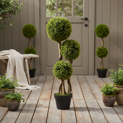 Sassafa Set Of 2 Light Green Artificial Boxwood Ball Topiary Trees In Pots H8 90cm