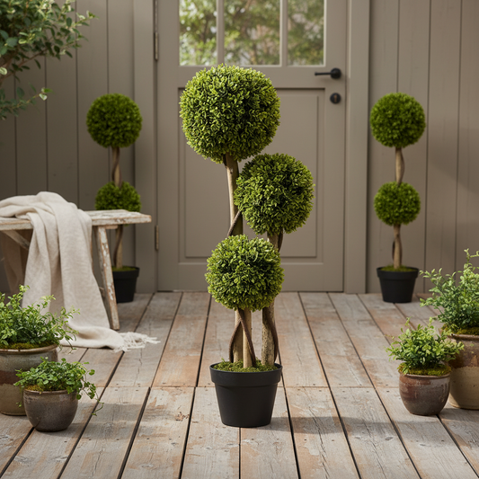 Sassafa Set Of 2 Light Green Artificial Boxwood Ball Topiary Trees In Pots H8 90cm