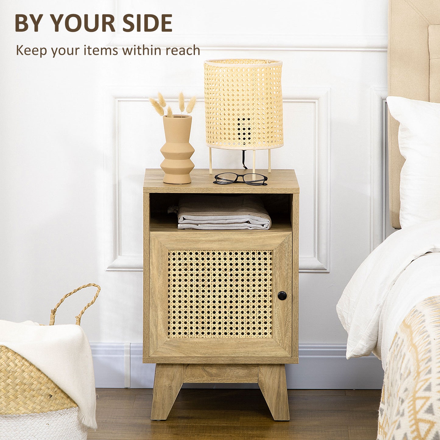 Hazi Wooden Set Of 2 Natural Wood and Rattan Bedside Tables With Shelf And Drawer