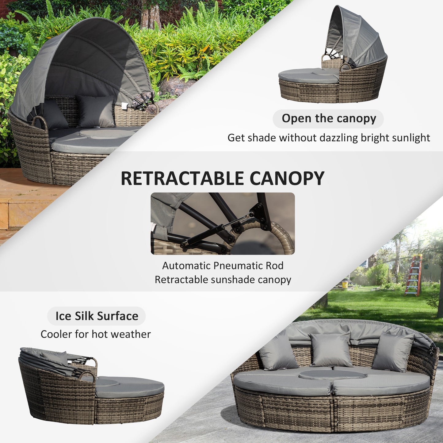 Leluri Faux Rattan Dark Grey Round Daybed Outdoor Canopy Table And Cushions