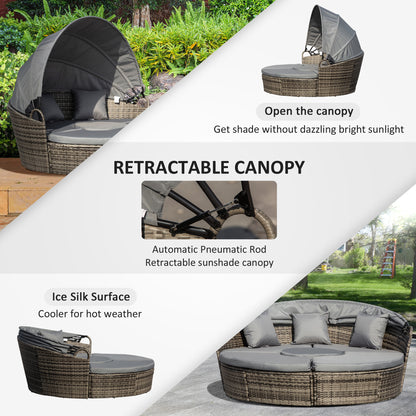 Leluri Faux Rattan Dark Grey Round Daybed Outdoor Canopy Table And Cushions