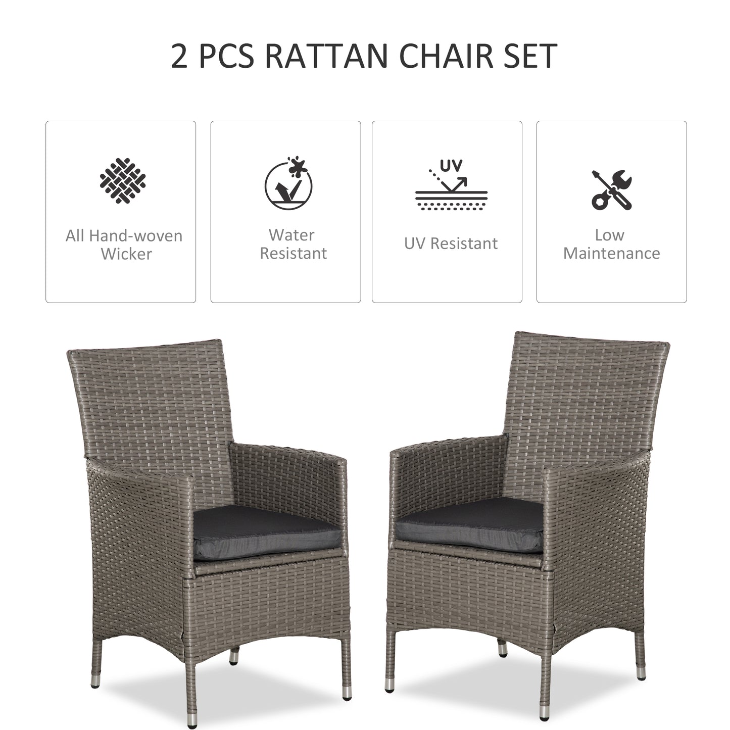 Sevaka Set Of 2 Rattan Grey Outdoor Dining Armchairs With Cushions And Armrests