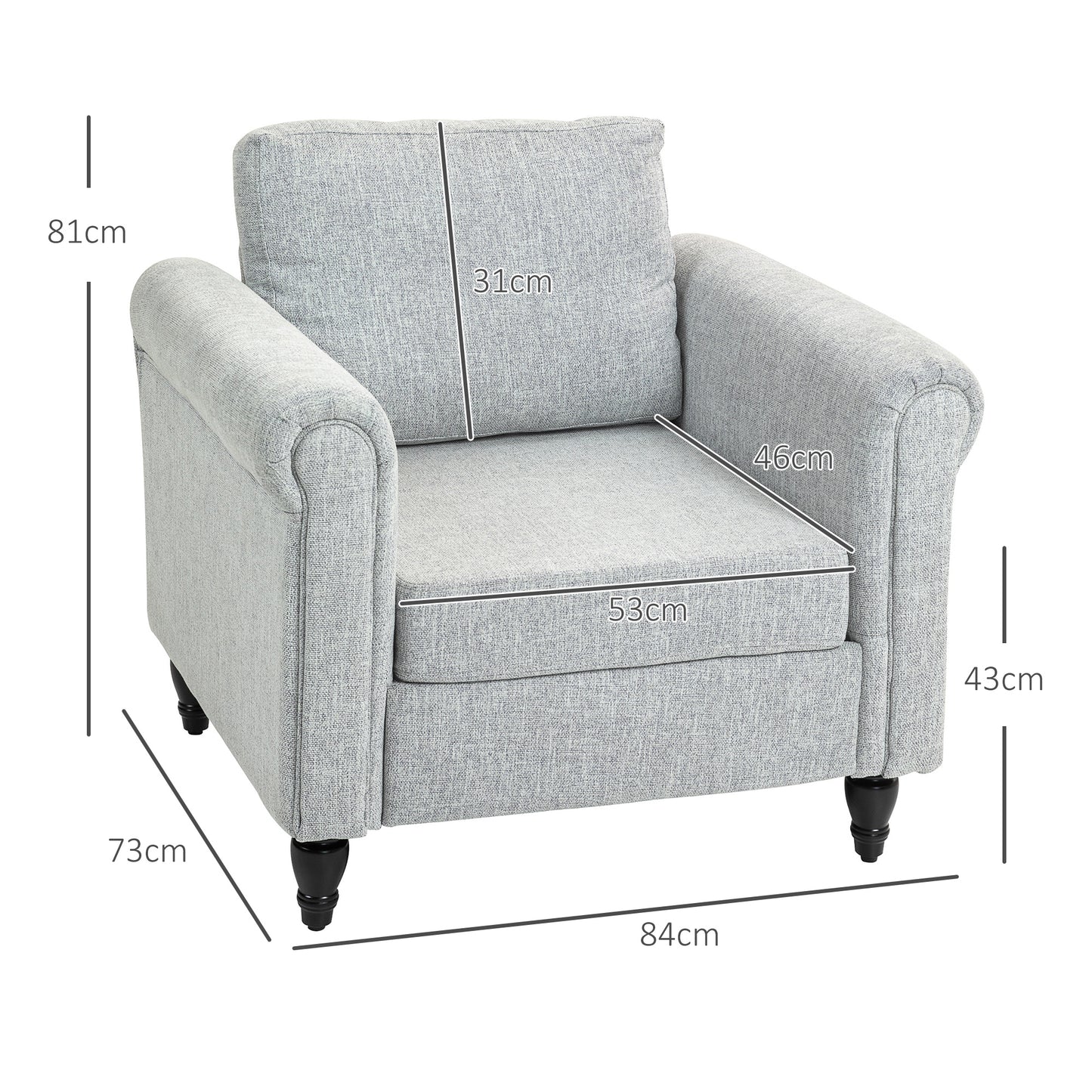Rine Light Grey Vintage Mid Century Accent Chair With Rolled Arms And Wooden Legs