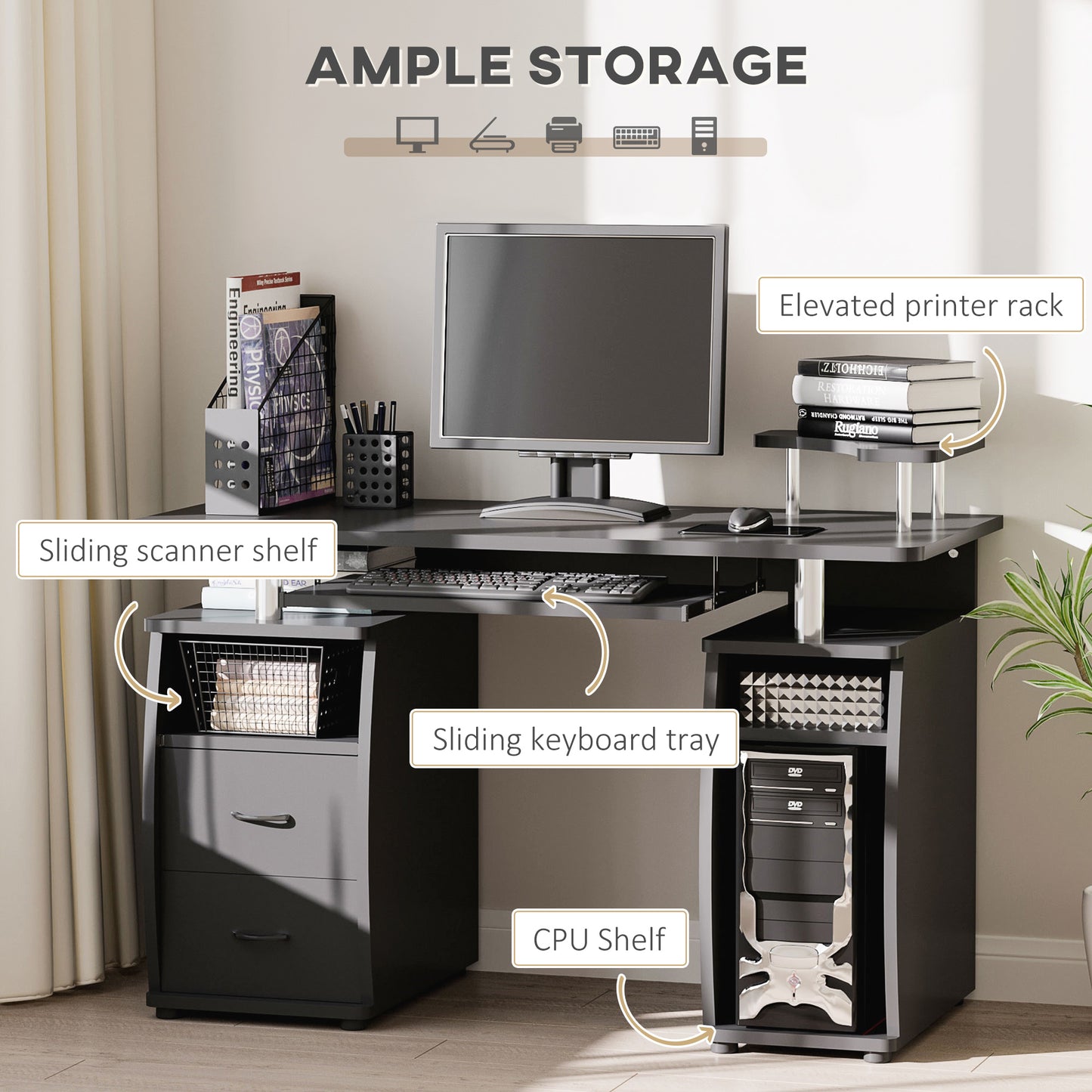 Domofi 120cm Wooden Black Computer Desk With Sliding Keyboard Tray Shelves And Drawers